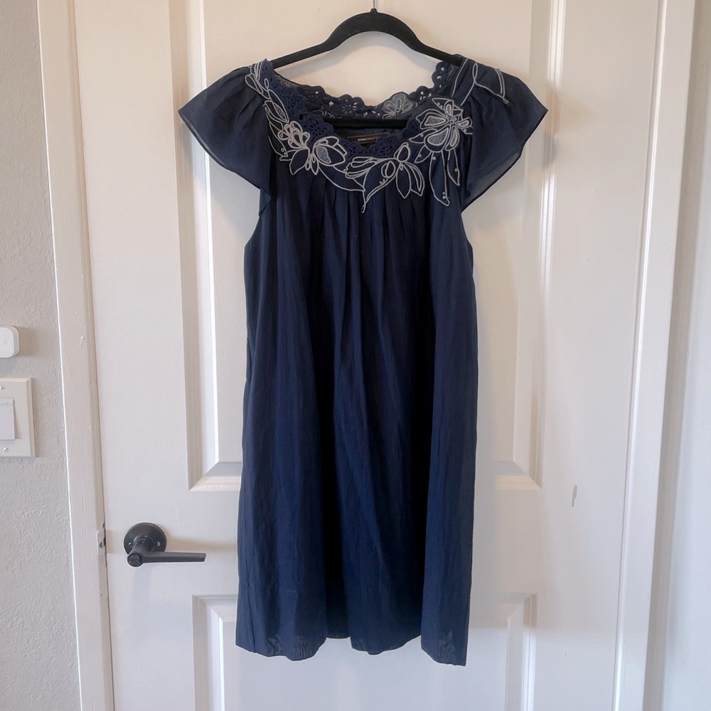 Flutter sleeve embroidered BCBG navy dress